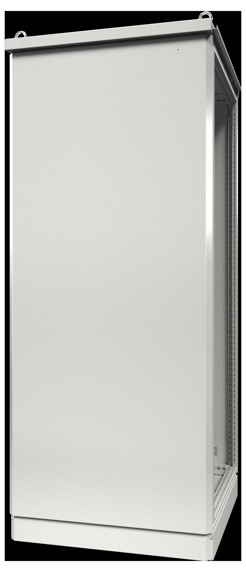 Une armoire de rangement blanche, haute, fermée, avec un cadre métallique, vue en biais, se dresse sur un fond noir.