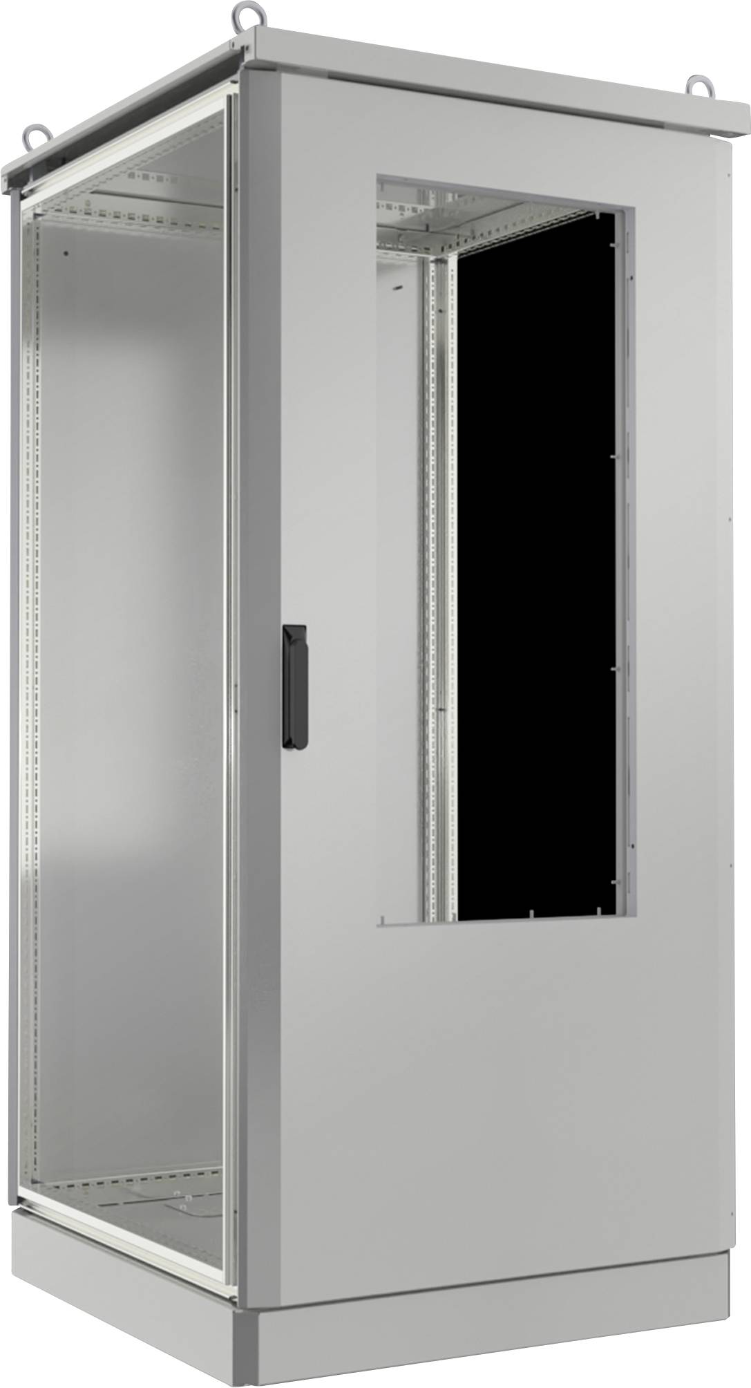 Une armoire métallique haute de couleur grise, dotée d'une porte vitrée, conçue pour abriter du matériel électronique ou réseau, installée dans un environnement neutre.