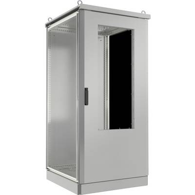 Une armoire métallique haute de couleur grise, dotée d'une porte vitrée, conçue pour abriter du matériel électronique ou réseau, installée dans un environnement neutre.