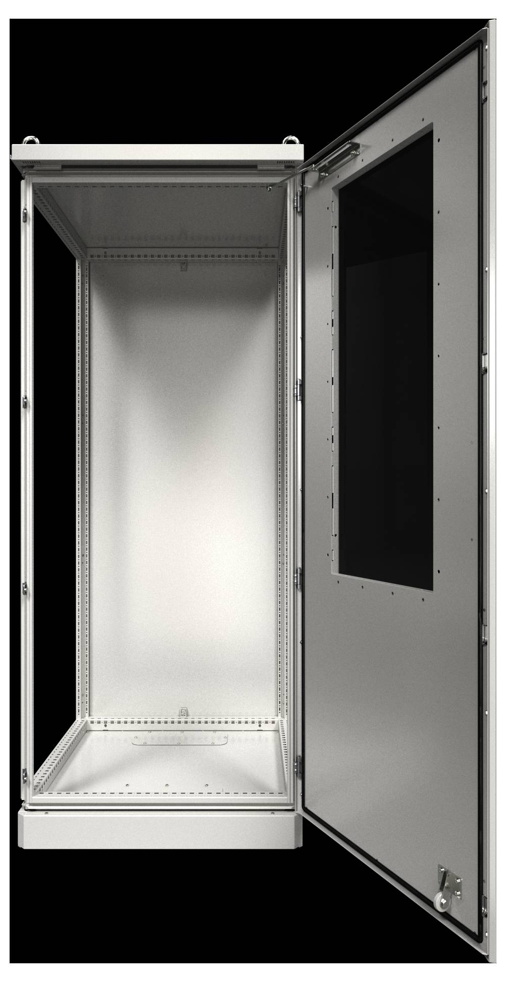 Armoire métallique argentée ouverte et vide, avec un panneau en verre sur la porte de droite, disposée sur un fond noir.