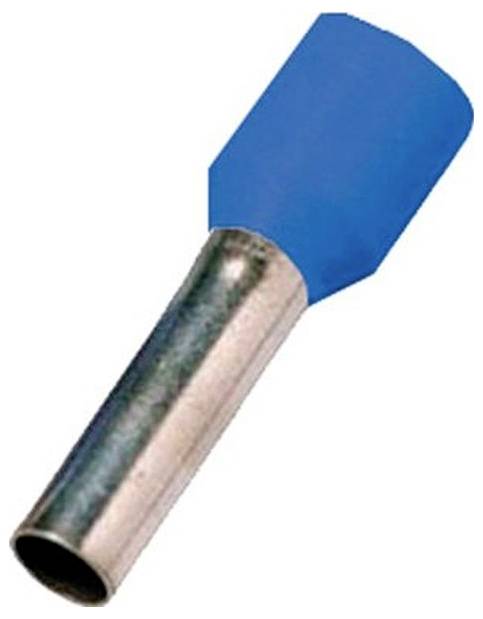 Un petit embout métallique avec une isolation en plastique bleu à une extrémité, généralement utilisé en génie électrique pour protéger les connexions de fils.