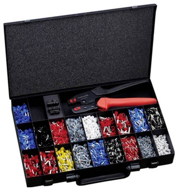 Une boîte à outils noire ouverte contenant divers connecteurs électriques colorés et un outil de sertissage à poignée rouge.