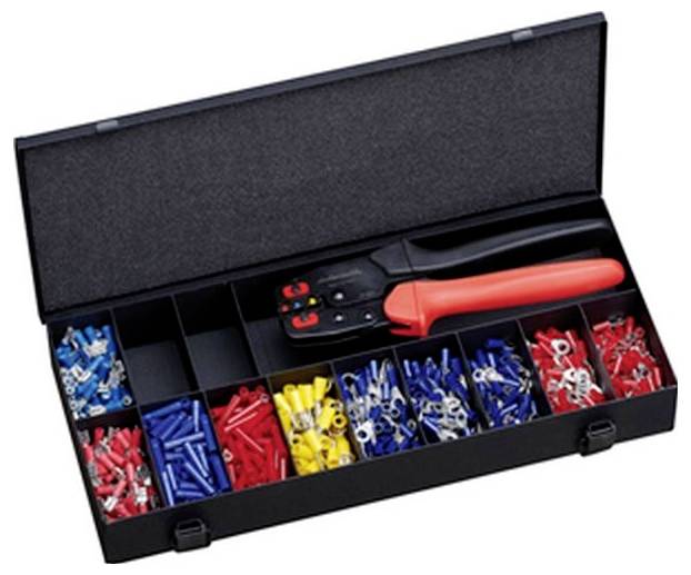 Un étui ouvert présentant des outils de sertissage et un assortiment de connecteurs électriques colorés, organisés par type et par couleur dans des compartiments.