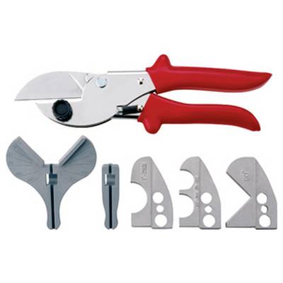 Coupe-tube en PVC à poignée rouge avec des lames de coupe interchangeables présentée en dessous.