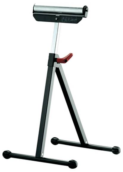Support de rouleau réglable avec des pieds en métal noir, une poignée rouge et un rouleau horizontal en haut pour supporter et déplacer les matériaux en douceur.