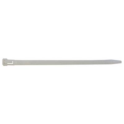 Un serre-câble blanc unique avec un mécanisme de verrouillage à une extrémité, utilisé pour regrouper ou attacher des objets.