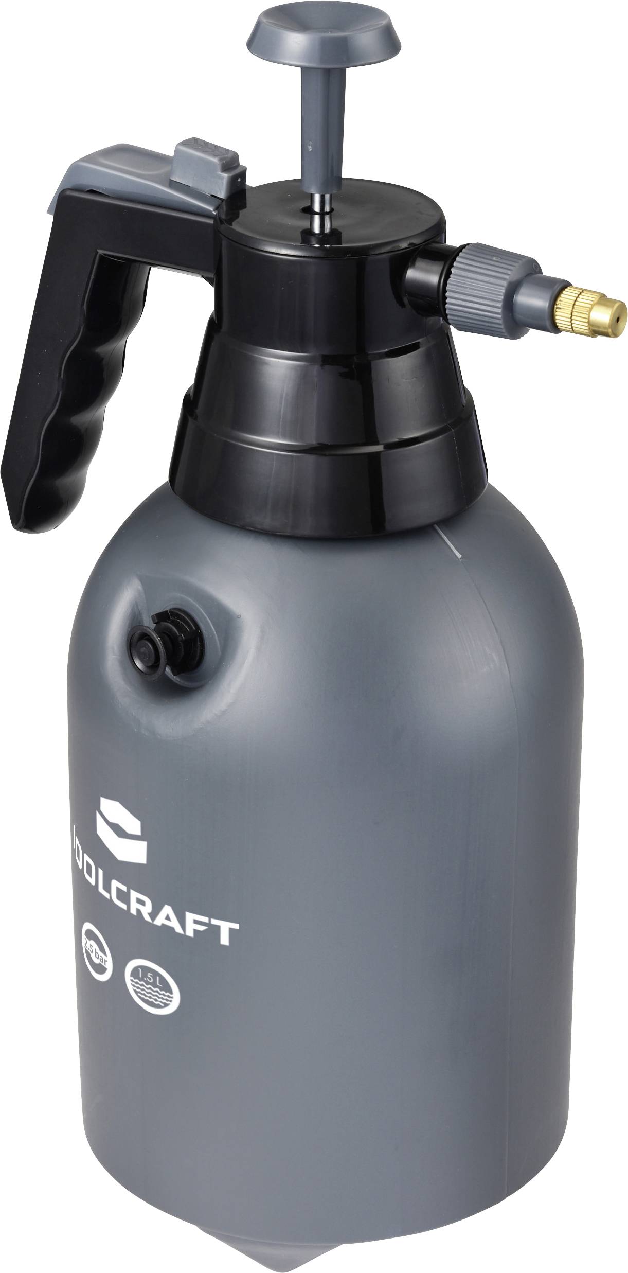 Un flacon pulvérisateur gris avec une poignée noire et une buse en laiton, utilisé pour les tâches de jardinage ou de nettoyage, marqué avec des logos de marque.