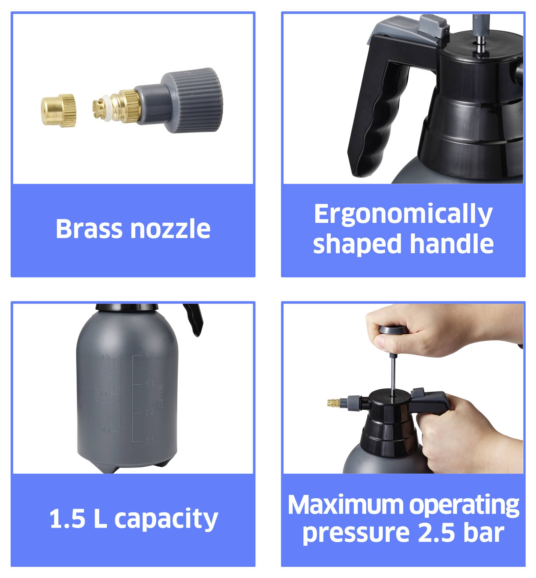 « Buse en laiton » ; « Poignée ergonomique » ; « Capacité de 1,5 L » ; « Pression de fonctionnement maximale de 2,5 bar ». Images illustrant les caractéristiques d'un flacon pulvérisateur.