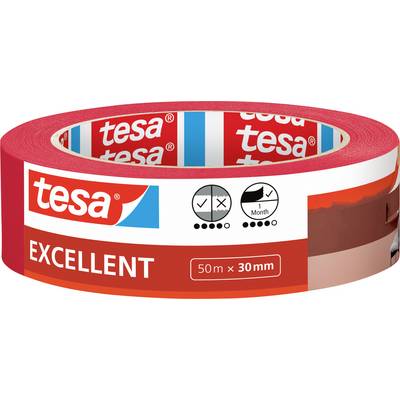 Un rouleau de ruban adhésif rouge Tesa étiqueté « EXCELLENT », mesurant 50 m x 30 mm. Les symboles indiquent une adhésion forte et une durabilité d'un mois.