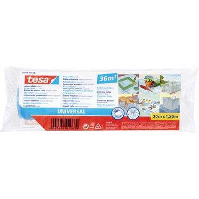 Emballage pour film de protection « tesa UNIVERSAL », taille 36m², montrant des images d'application comme la peinture et la protection de mobilier, avec un design bleu et rouge.