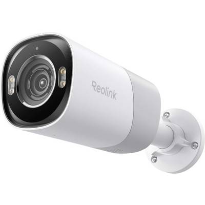 Une caméra de sécurité blanche fixée sur un mur, équipée de lumières infrarouges et d'un objectif, avec le nom de marque 'Reolink' visible sur le côté.