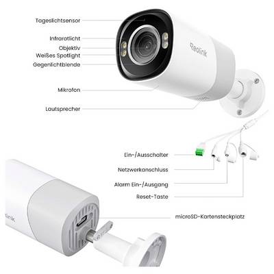 Caméra de surveillance avec capteur de lumière du jour, lumière infrarouge, objectif, microphone, haut-parleur, fente pour carte microSD et connexion de câble réseau.