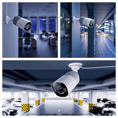 Caméras de sécurité dans différents environnements : un bureau, un couloir et un garage de stationnement, mettant en évidence la technologie de surveillance et sa couverture.
