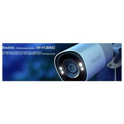 'Caméra de surveillance PoE Bullet intelligente 4K, angle grand-angle de 133°, zoom optique 5x, protection périmétrique. Modèle : RP-PCB8MZ.'