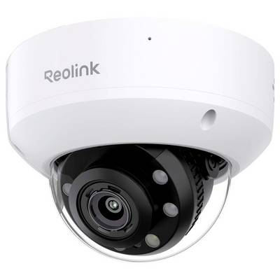 Une caméra de sécurité dôme blanche de marque 'Reolink', dotée d'un objectif noir et d'une capacité de vision nocturne, légèrement inclinée vers le bas.