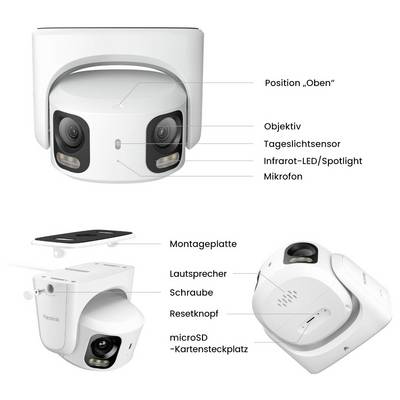 Caméra de surveillance avec objectif pivotant, LED infrarouge, microphone et haut-parleur. Détails : plaque de montage, bouton de réinitialisation, emplacement pour carte microSD.