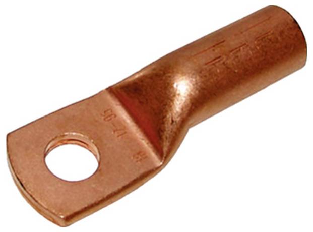 Un cosses en cuivre avec un trou pour sécuriser les connexions électriques, utilisée pour le câblage et la distribution d'énergie dans les systèmes électriques.