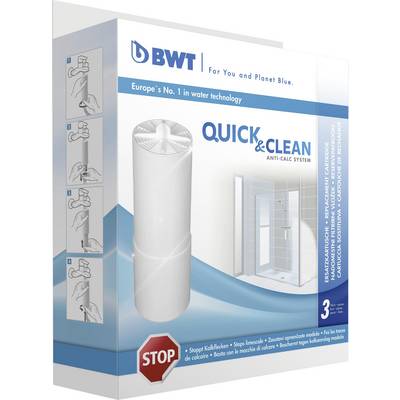 L'emballage du système anti-calcaire Quick & Clean de BWT présente une cartouche filtrante, met l'accent sur la prévention du tartre et souligne son utilisation dans la douche.