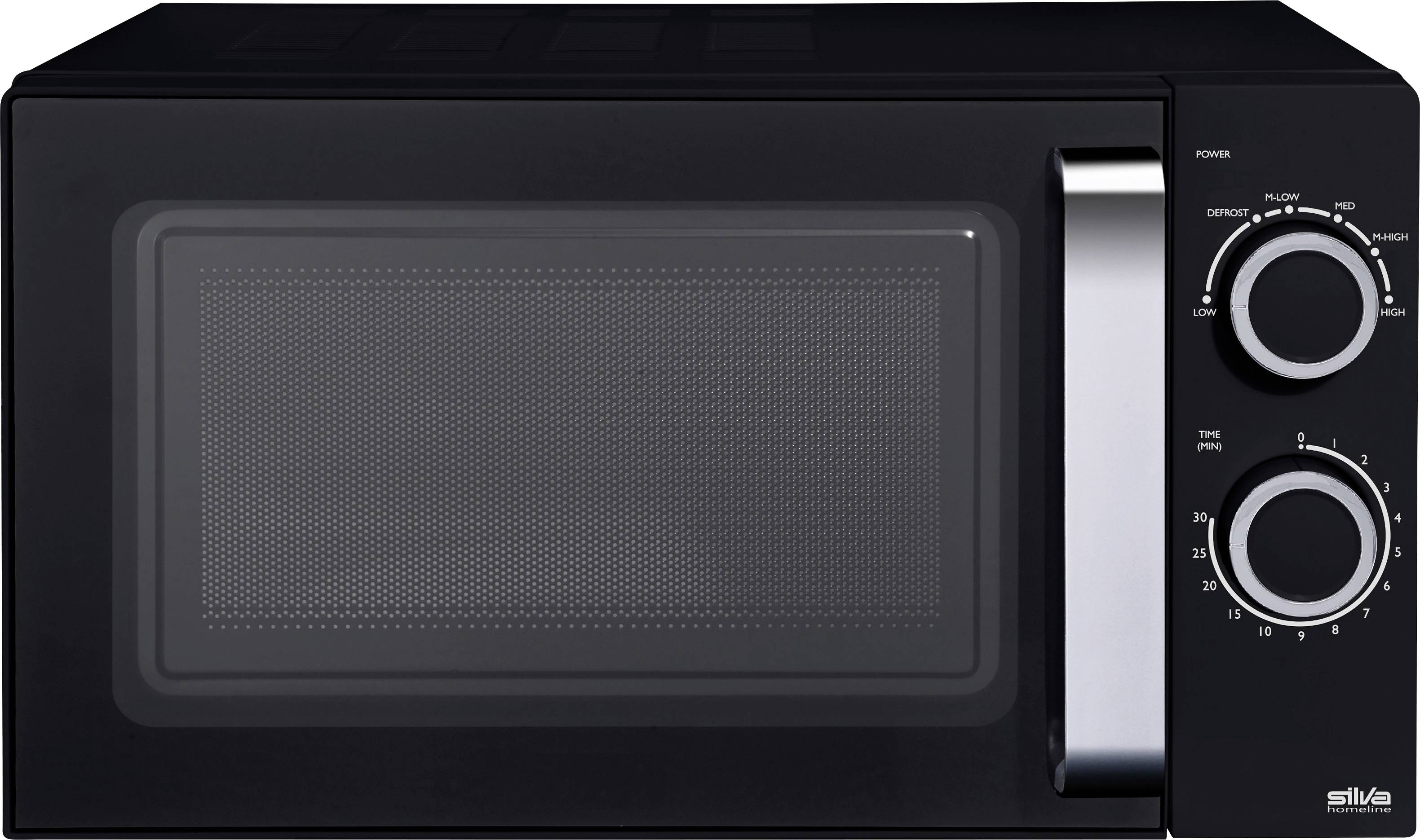 Un four à micro-ondes noir avec deux molettes sur le côté droit pour les réglages de puissance et de temps, doté d'une poignée métallique et d'une porte transparente.