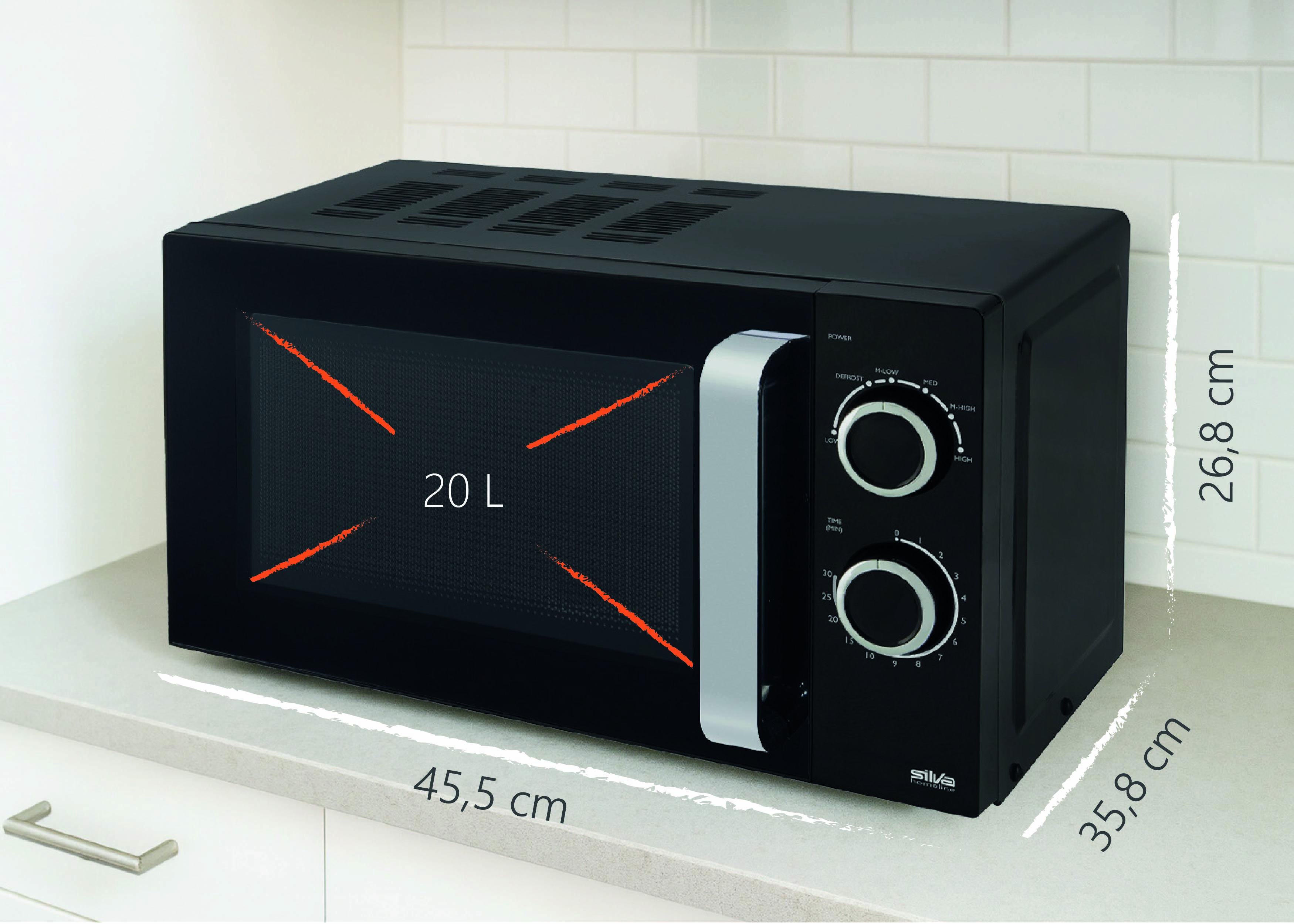 Four à micro-ondes noir sur un plan de travail de cuisine, présentant les dimensions suivantes : 45,5 cm de large, 35,8 cm de profondeur et 26,8 cm de hauteur, avec une capacité de 20 L.