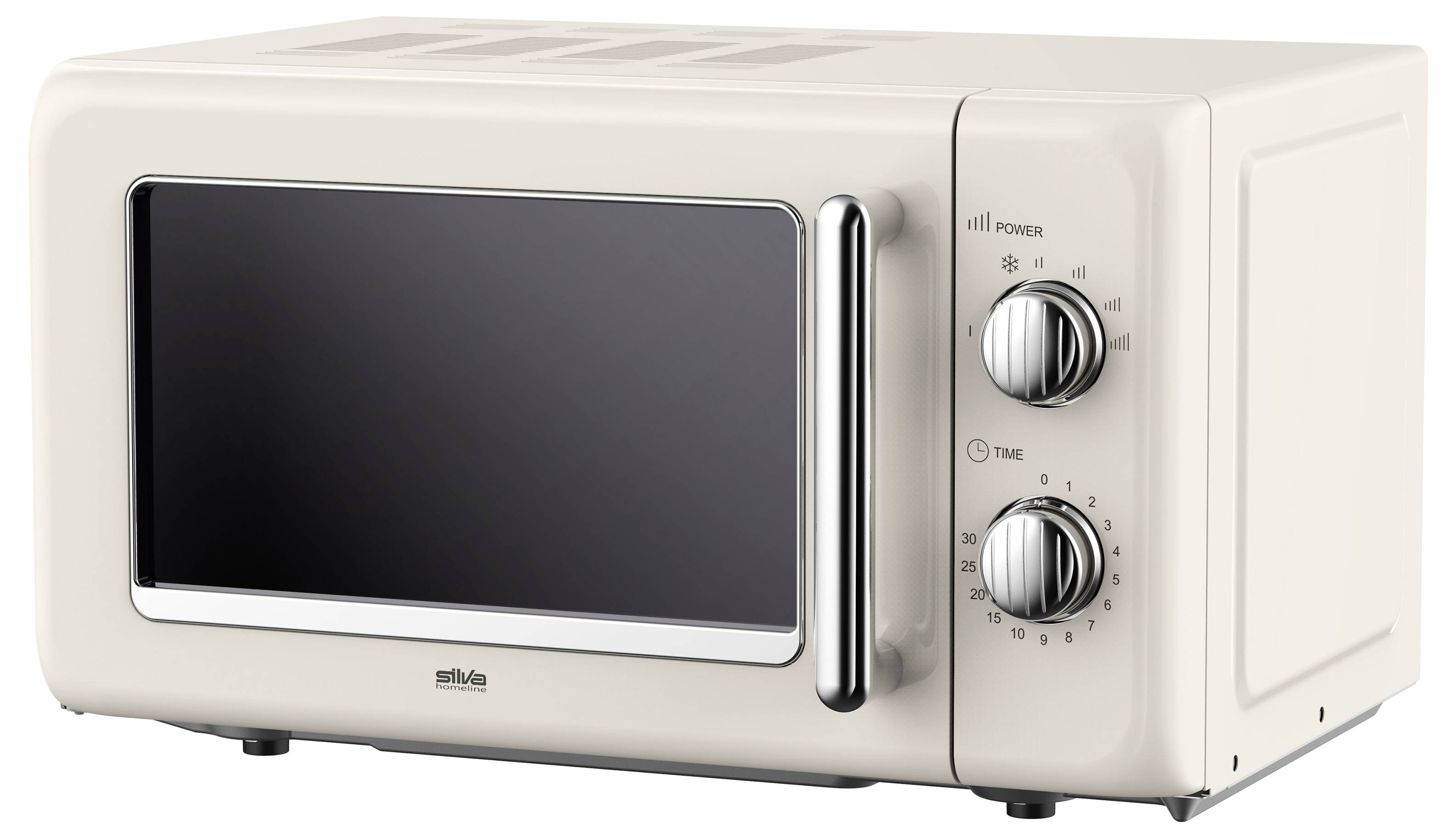 Un four à micro-ondes beige avec une poignée et deux boutons de commande étiquetés « Puissance » et « Temps » sur le côté droit.