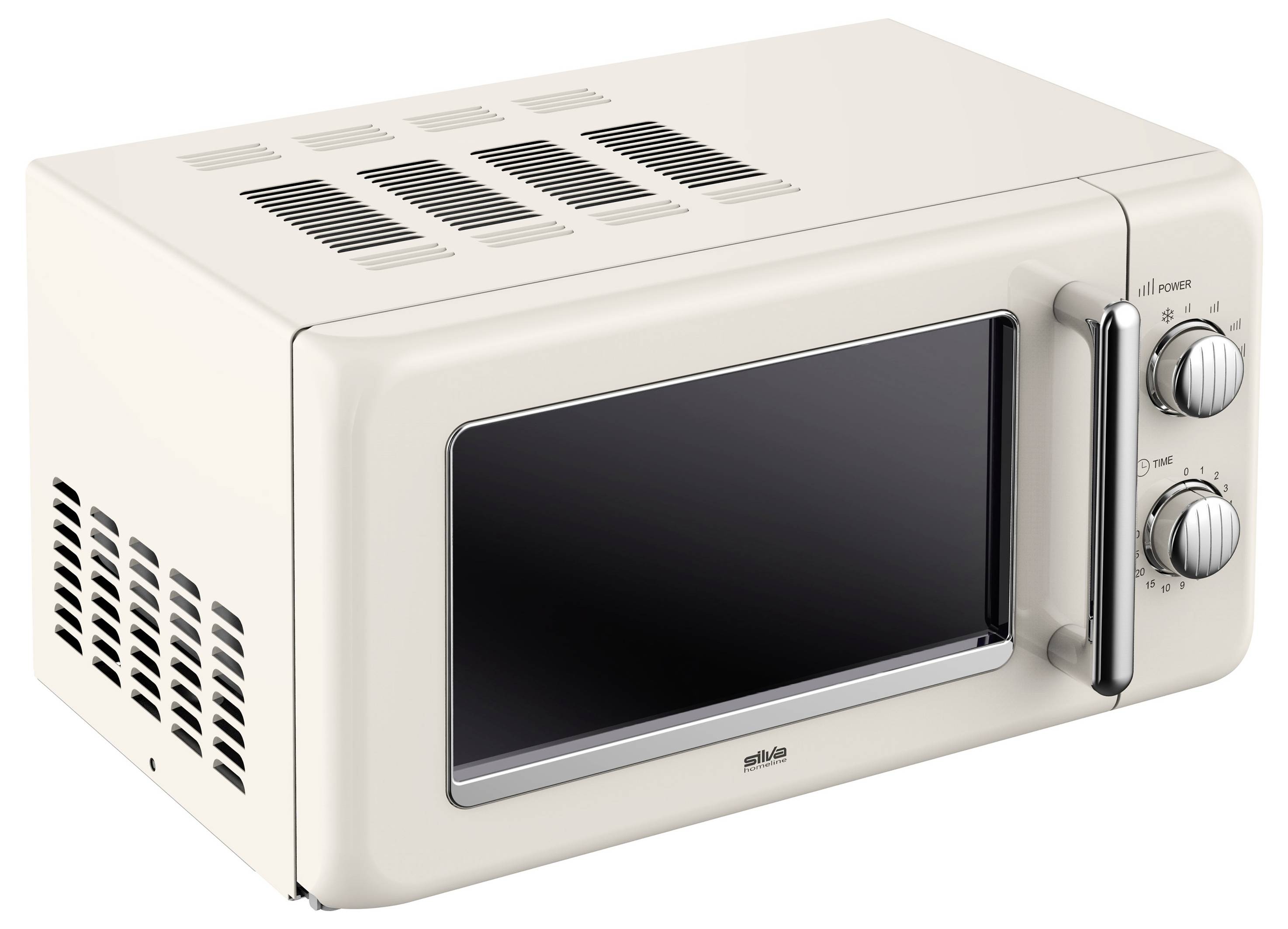 Un micro-ondes rétro de couleur crème avec deux boutons de commande et une poignée, posé sur un fond blanc, mettant en valeur le design vintage.