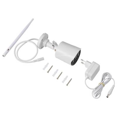 Kit de caméra de surveillance sans fil avec antenne, support de montage, adaptateur secteur, câbles et vis sur fond blanc.
