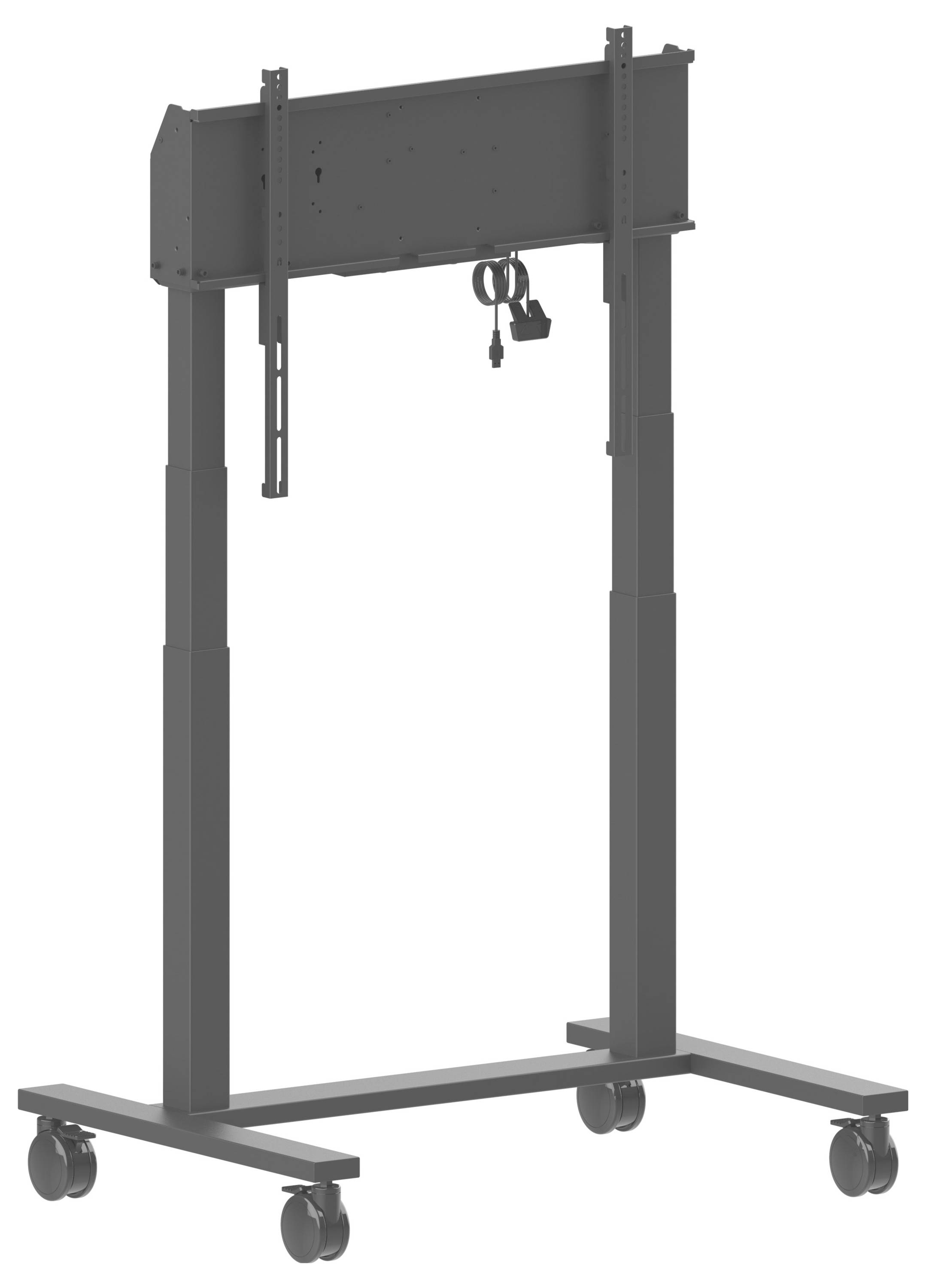 Un support de télévision mobile avec hauteur réglable, châssis en métal et quatre roulettes pour un déplacement facile. Deux câbles pendent du support.