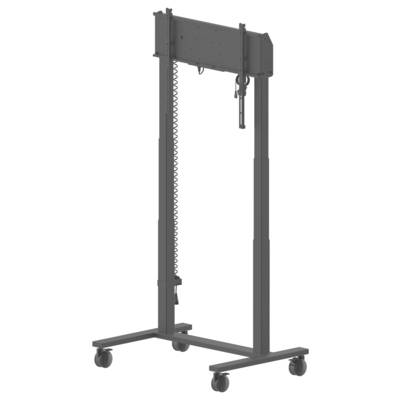 'Support mobile portable avec hauteur réglable et roulettes pour déplacement ; adapté au montage d'équipements ou d'affichages.'