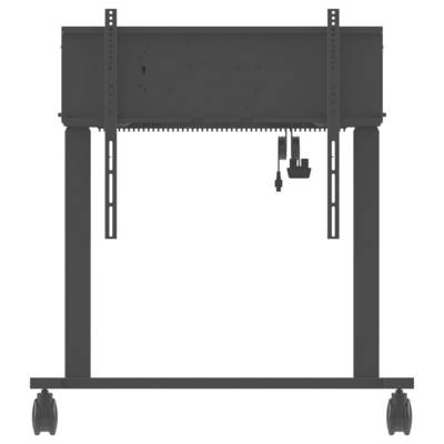 Un support métallique noir rectangulaire avec des roues et un mécanisme de support réglable au centre, vu de face.