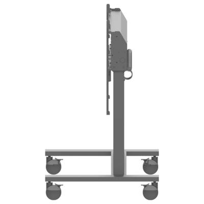 Une vue latérale d'un écran plat monté sur un support mobile équipé de quatre roulettes.