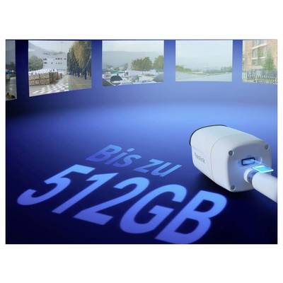 Caméra avec information de stockage mise en évidence sur surface de projection : « Jusqu'à 512 Go ». En arrière-plan, différentes images de surveillance.