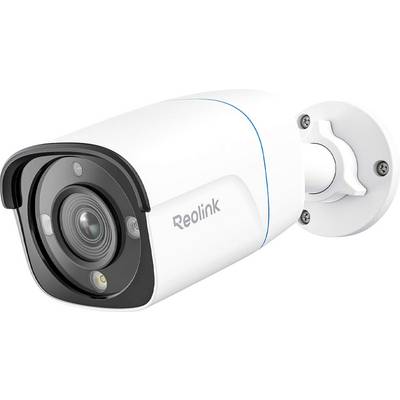 Caméra de surveillance de marque 'Reolink', montée sur un support. Dotée d'un couvercle d'objectif en forme de dôme et de lampes LED pour la vision nocturne.