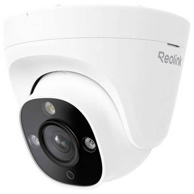 Une caméra de sécurité Reolink blanche avec plusieurs objectifs et lumières infrarouges, conçue pour la surveillance, montée au plafond.