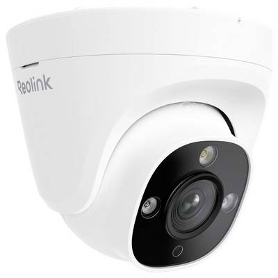 Une caméra de sécurité Reolink blanche avec plusieurs objectifs et des voyants LED, conçue pour la surveillance, légèrement inclinée vers le haut.