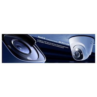 Collage de deux caméras de surveillance de la marque Reolink, modèle RP-PCT12M, avec 12 MP UltraHD, PoE, vision nocturne en couleur pour l'extérieur.