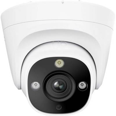 Une caméra de sécurité blanche avec un panneau d'objectif noir et trois petits composants en dessous, conçue pour la surveillance.