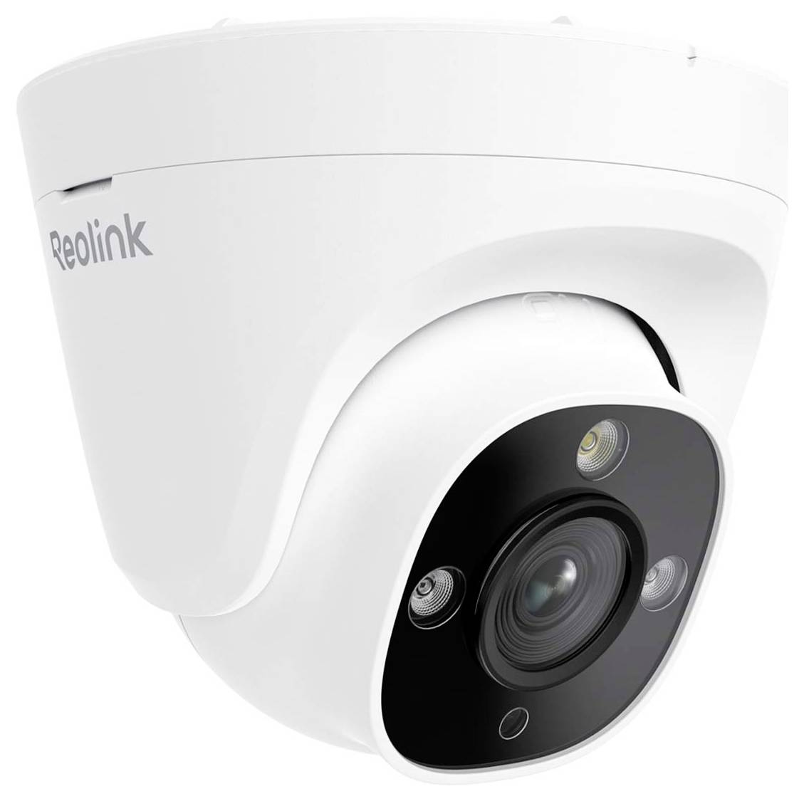 Une caméra de sécurité blanche de Reolink, présentant une forme de dôme et des LED infrarouges pour la vision nocturne, conçue pour une surveillance intérieure ou extérieure.