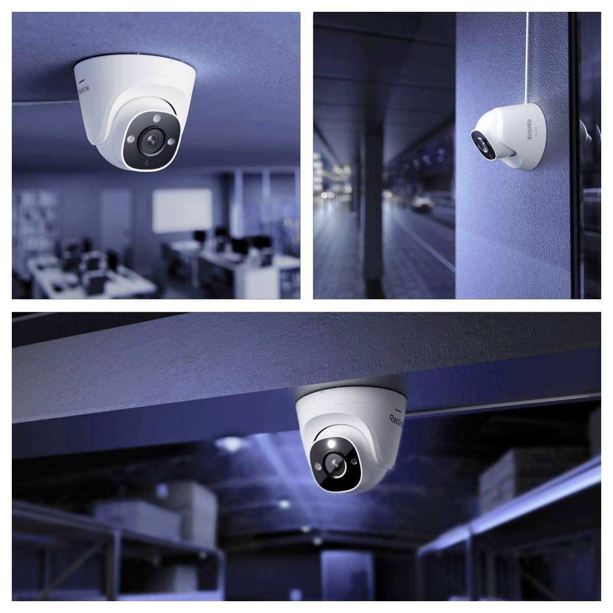 Trois images montrant des caméras de surveillance blanches installées à l'intérieur et à l'extérieur. Les caméras sont élégantes et fixées aux plafonds ou aux murs.