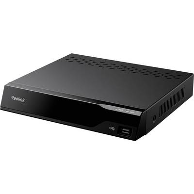 Un enregistreur vidéo réseau de caméra de sécurité Reolink noir avec port USB et voyants lumineux, conçu pour gérer et stocker des séquences vidéo.