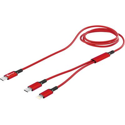 Un câble de charge USB 3-en-1 rouge doté de connecteurs USB-C, Lightning et Micro-USB, conçu pour une compatibilité avec divers appareils.