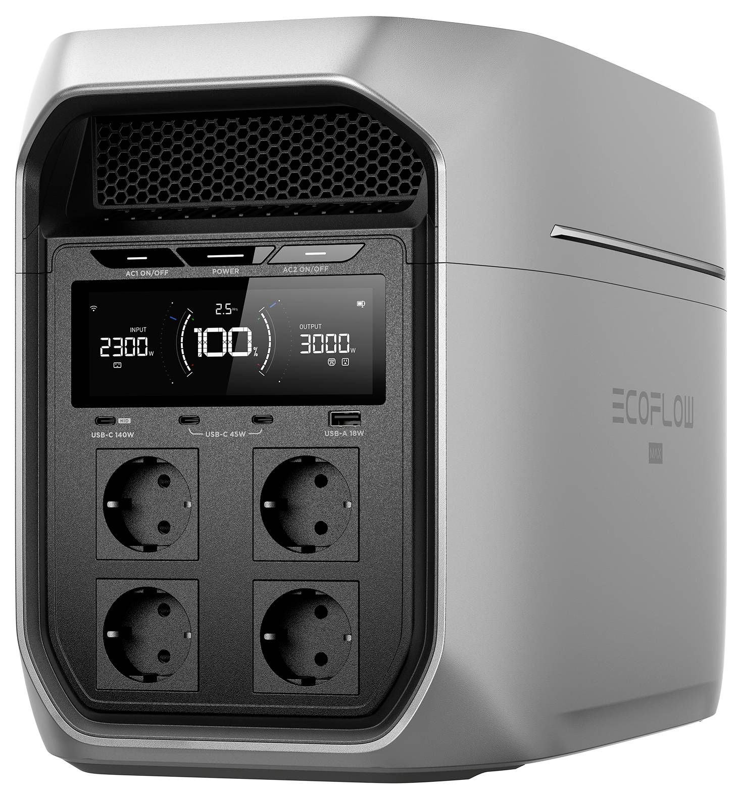 Station d'alimentation portable avec quatre prises électriques, affichage numérique indiquant '230V', batterie à '100%', et différents modes de puissance. Design en argent et noir.