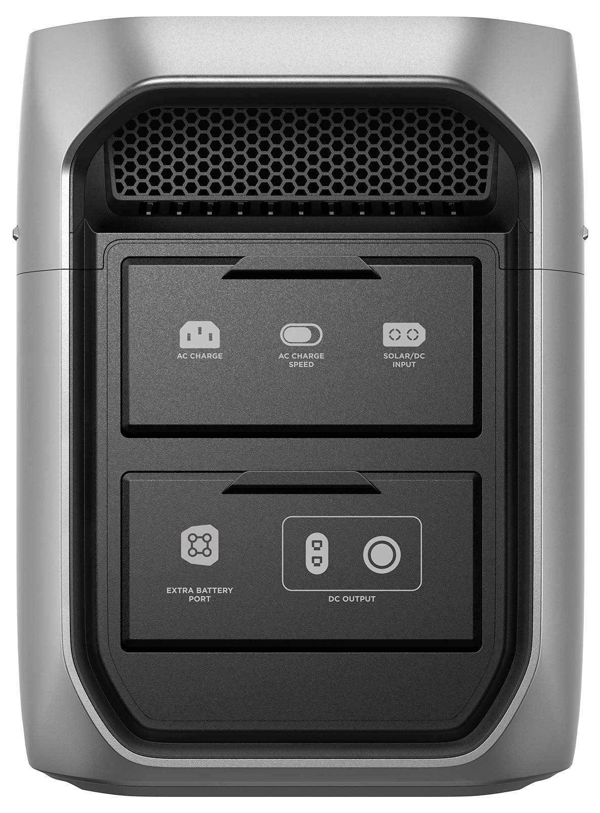 Un générateur électrique portable présentant des ports de sortie AC et DC, un port de batterie supplémentaire, et des indicateurs pour la charge AC, la vitesse de charge AC, et l'entrée solaire/DC.