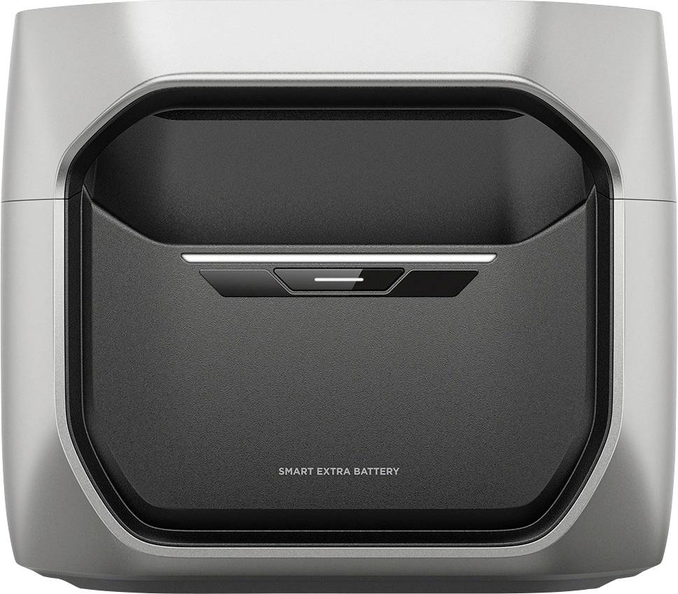 Un appareil en argent et noir étiqueté « Smart Extra Battery » avec un design élégant et moderne, présentant un port de charge central.
