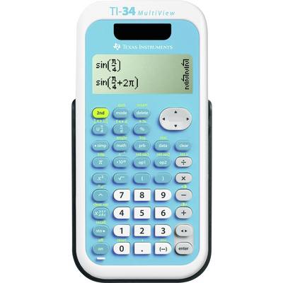 Une calculatrice TI-34 MultiView bleue affiche 'sin(1/4)' et 'sin(π/4+2π)' sur son écran, avec divers boutons pour les opérations mathématiques.