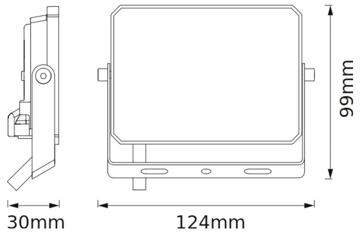 Dessin technique d'un luminaire rectangulaire avec les dimensions suivantes : 124 mm de largeur, 99 mm de hauteur et 30 mm de profondeur.