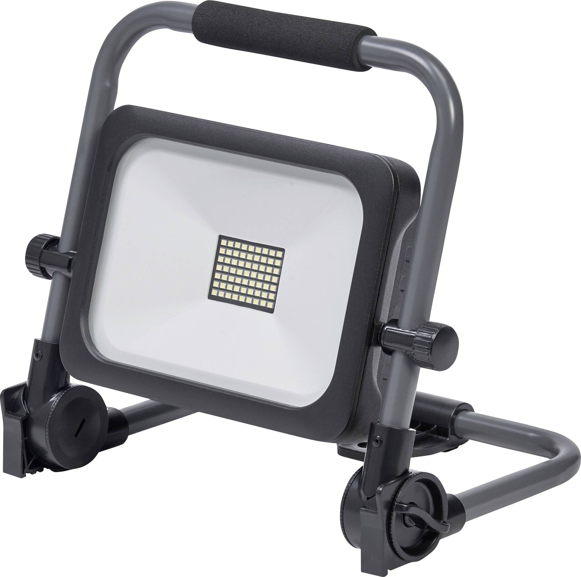Un projecteur LED portable doté d'un support ajustable, présentant une grille de lumières LED en son centre, sur un fond uni.
