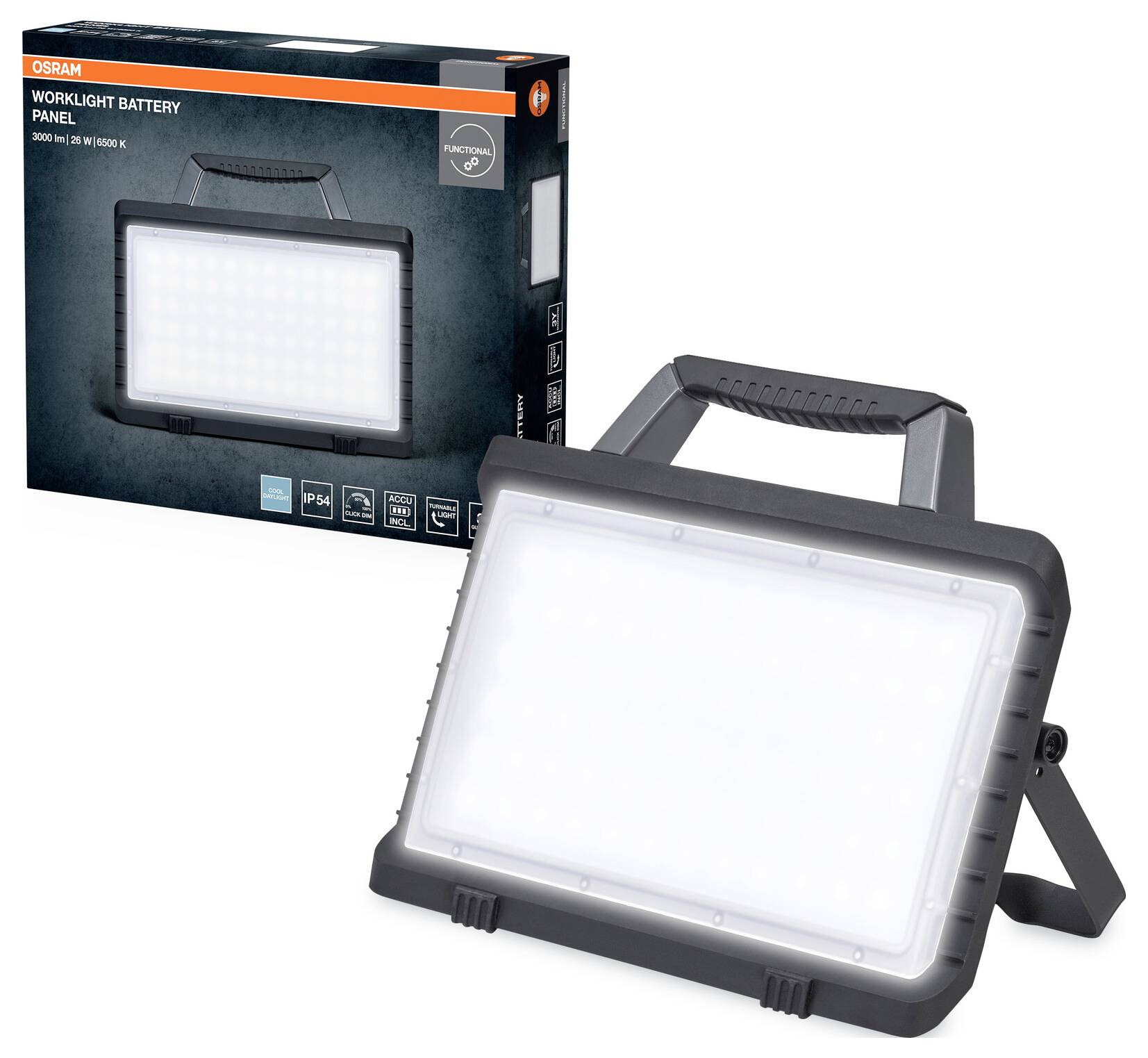 Lampe de travail portable avec un cadre noir et un panneau LED lumineux à l'avant. L'arrière-plan présente l'emballage du produit sur lequel la même lampe est représentée.