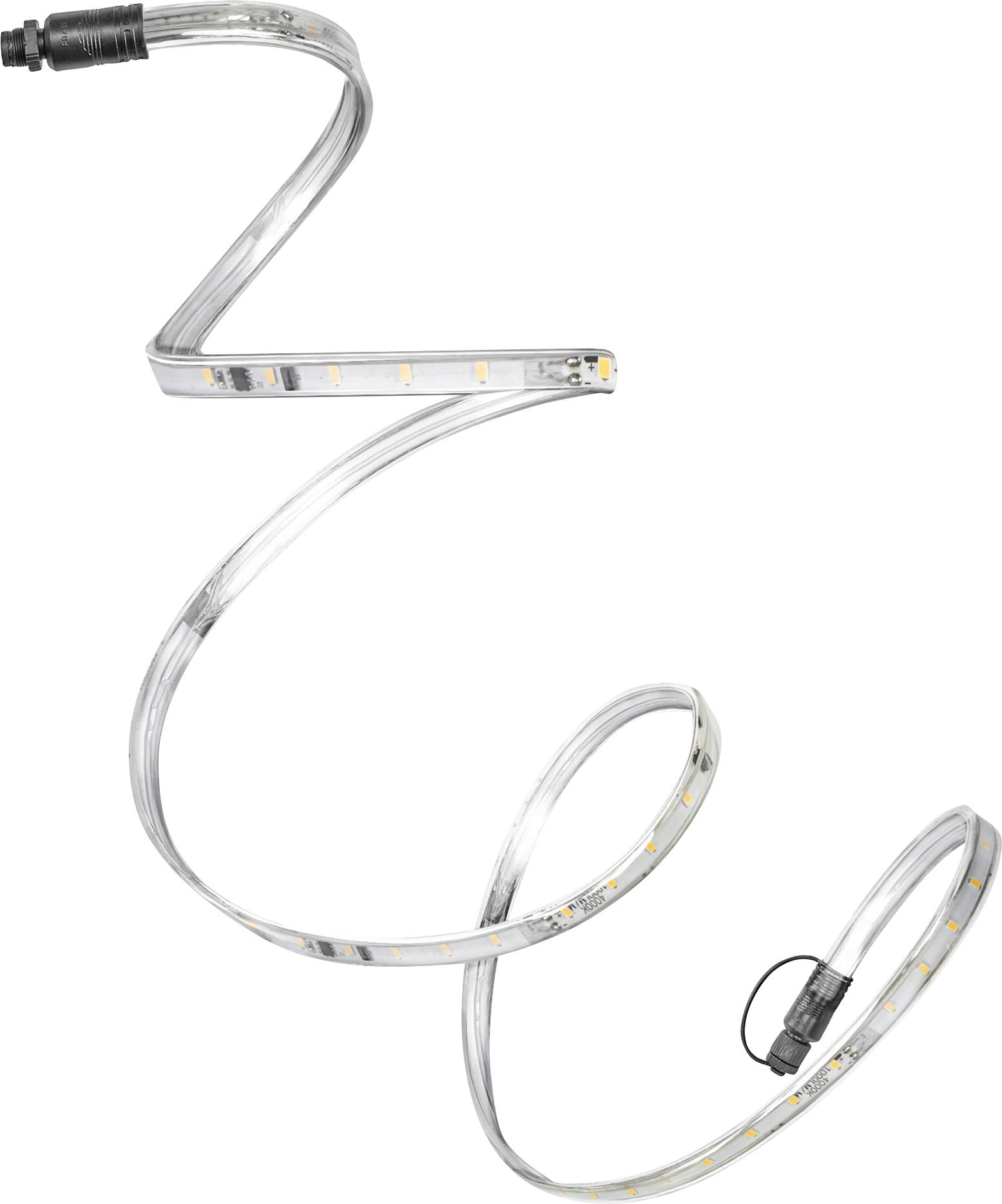 Une bande lumineuse LED flexible enroulée en forme de S, avec des connecteurs visibles à chaque extrémité, indiquant son utilisation pour des solutions d'éclairage personnalisées.