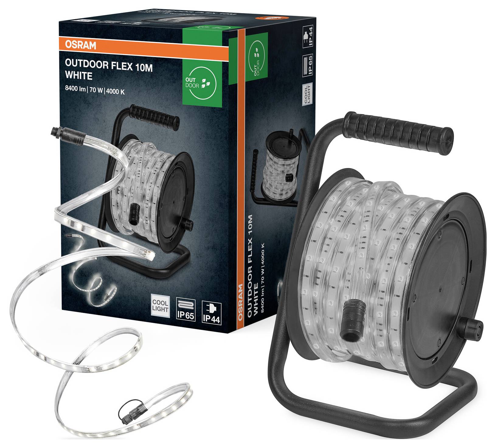 Emballage 'OSRAM Outdoor Flex 10M' comprenant une bande LED blanche de 10 mètres sur un rouleau, indiquant 840 lumens, 10 watts, et une température de couleur de 4000K.